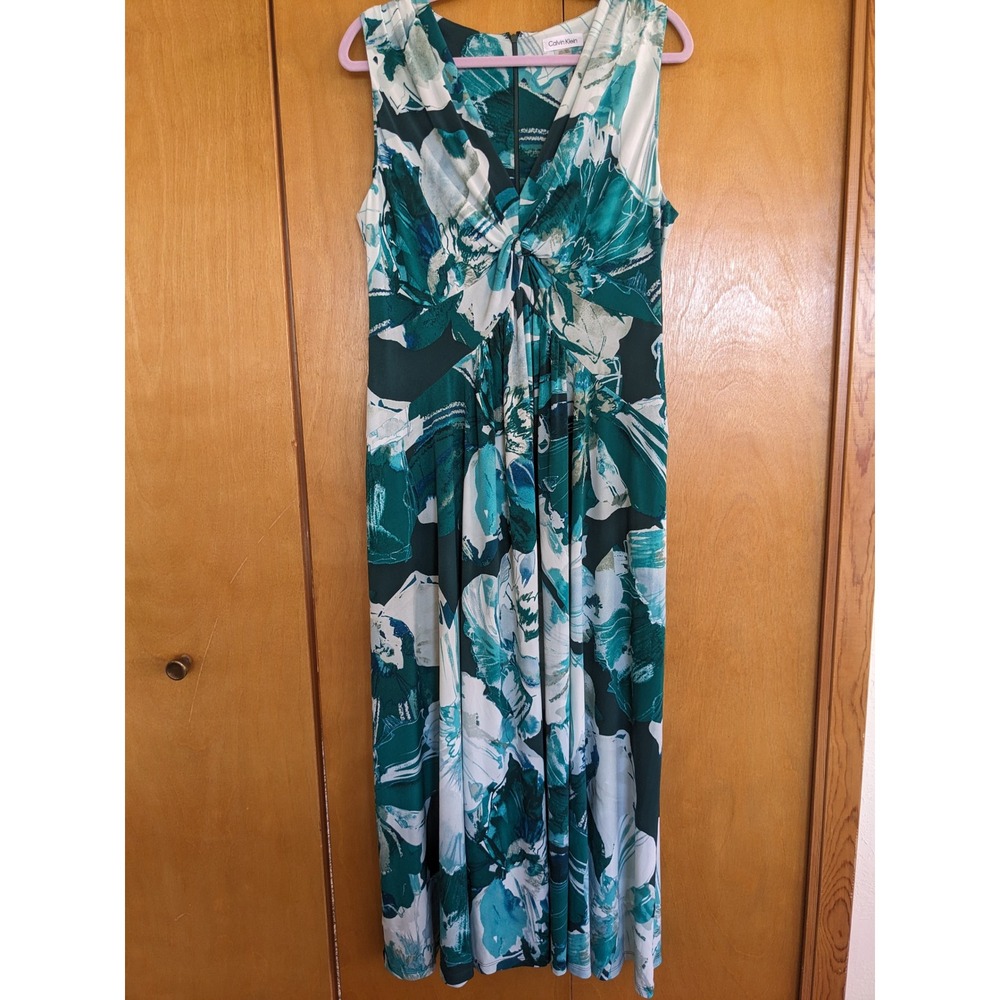 Calvin Klein Teal Floral Twist Front V-Neck Sleeveless Maxi Dress Size 16